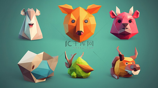折纸风格动物背景图片_3d 卡通风格版本 3 中的低聚纸图标