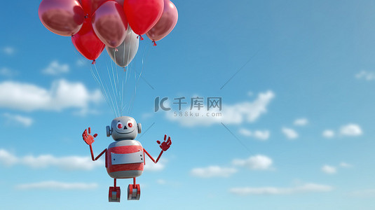 自动化背景图片_科技与人类联手，3D机器人手持红色气球翱翔蓝天