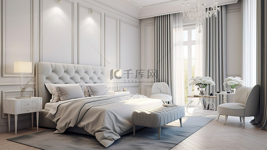 简约被子背景图片_简单而永恒的卧室简约的 3D 渲染与明亮的室内设计