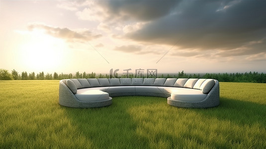 圆形的椅子背景图片_圆形户外沙发通过草地上的 3D 渲染可视化