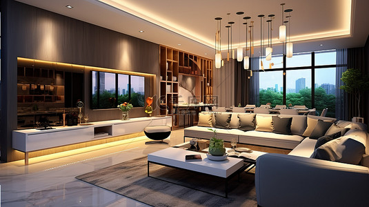 高端厨房和客厅 3D 渲染插图与豪华室内设计