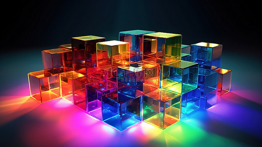 彩虹光谱中 3D 立方体上闪闪发光的灯光效果