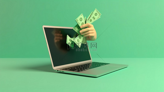 3d 渲染的手指向一台带有美元符号并被蓝色背景上的绿色信封包围的笔记本电脑