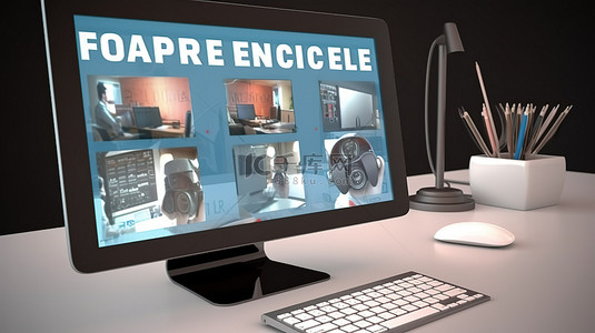 自由职业者背景图片_电脑屏幕显示 3D 自由职业者和在线视频通话概念