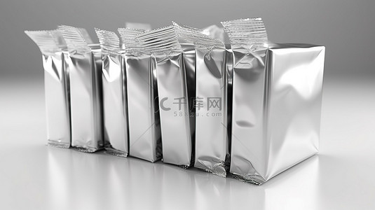 糖葫芦包装设计背景图片_用于糖果包装设计的闪亮银箔包装的 3D 插图