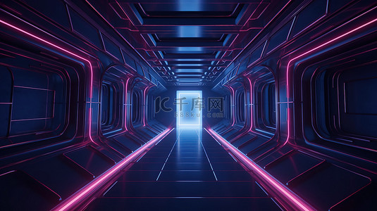 深蓝色和粉红色的未来派航天器内部 3D 渲染隧道