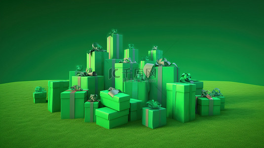 黄色礼物盒子背景图片_绿色背景展示 3d 渲染的礼品盒