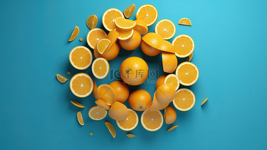 水果蓝水果背景图片_切片橙子和从蓝洞中出现的黄色小球体是通过 3D 渲染说明的简约概念