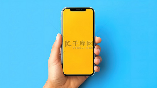 手持黄色智能手机的蓝色背景的简约概念 3D 渲染