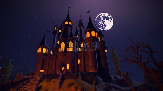 满月下 3D 卡通渲染的夜间万圣节城堡