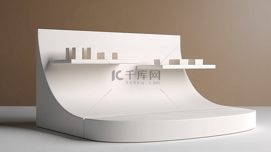 3D 纸板吊篮架插图，带有品牌展示，用于在空白台面上展示产品