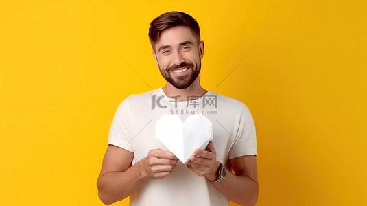 身穿白色 T 恤的美国绅士在情人节那天在黄色背景上展示了手工制作的 3D 纸心