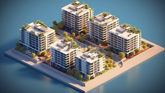 3d 渲染中岛上的等距住宅建筑