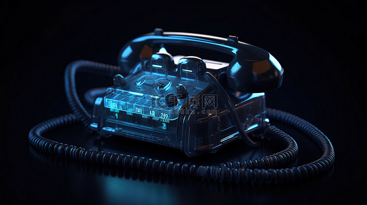 深蓝色科技背景图片_在闪闪发光的深蓝色背景下以 3D 呈现的赛博朋克美学中的老式有线电话