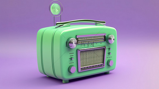 紫色背景音乐背景图片_绿色色调的复古收音机，带有白色语音气泡，在充满活力的紫色或淡紫色背景上为您的信息提供空间，以 3D 技术精心渲染