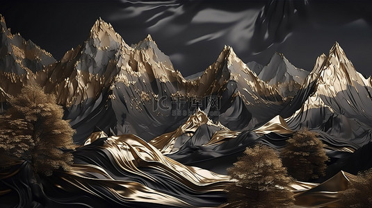 山水金背景图片_金黑灰山地风景3D插画壁画壁纸