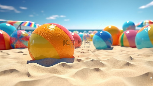 暑假度假背景图片_享受暑假与充气沙滩球和沙 3D 插图渲染与复制空间