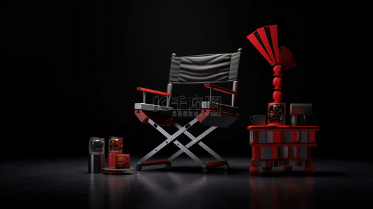 红色导演椅，配有电影拍板和扩音器，以 3D 渲染在黑色背景下说明电影行业