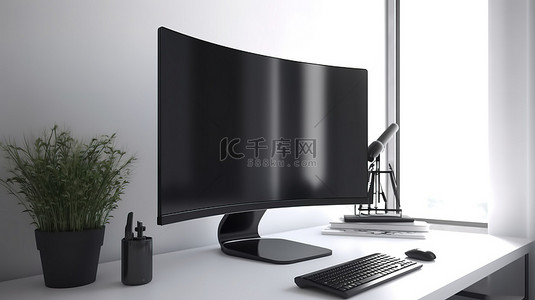 黑色电脑桌面背景图片_白色办公桌上黑色电脑屏幕的 3D 渲染特写