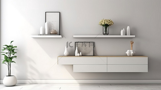 门型架展背景图片_带有墙壁模型架和餐具柜的白色内饰的极简主义 3D 渲染