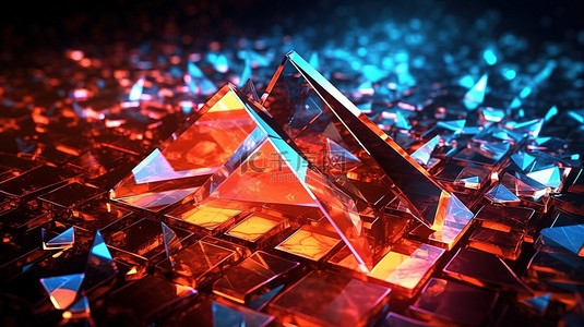 碎玻璃科技背景图片_带有三角形碎玻璃的发光抽象技术背景的 3D 插图