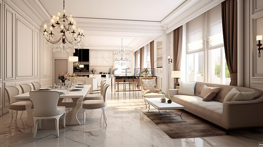 豪华餐厅厨房和起居空间的 3D 渲染，配有棕色和白色家具和金属吊灯