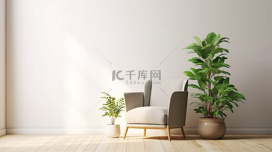 绿色植物墙背景图片_郁郁葱葱的绿色植物与光线优美的木地板房间内舒适的棕色扶手椅相得益彰，非常适合室内模型