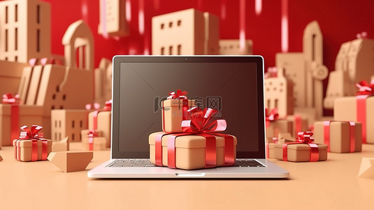 数字营销推广在线购物商店，电脑屏幕上有礼品盒 3D 渲染