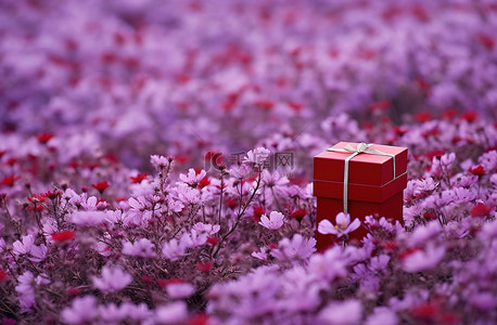 紫色花田里的红色盒子