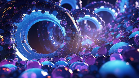抽象插图的特写 3D 渲染，以圆形图案中的蓝色和紫色颗粒为特色