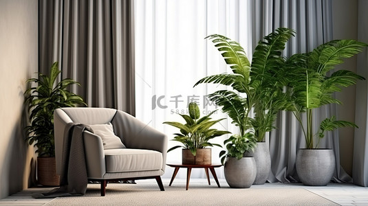 简约至极 极简主义客厅，配有别致的装饰元素和郁郁葱葱的绿色植物 3D 渲染
