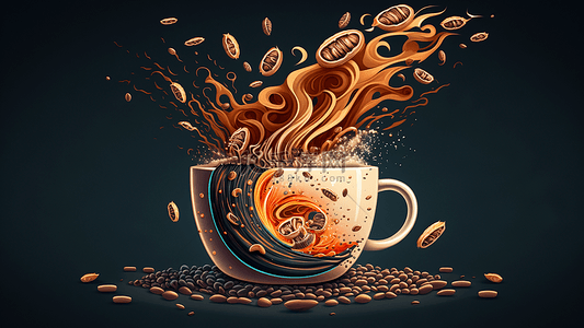 喷溅的果汁背景图片_咖啡豆花式飞溅艺术感杯子