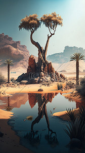 沙漠湖水树背景