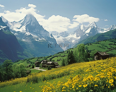 山村背景图片_春天的时候，山下有一个山村