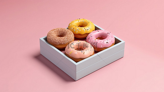 创意食品设计背景图片_极简主义甜甜圈盒设计的等距 3D 渲染与创意食品展示