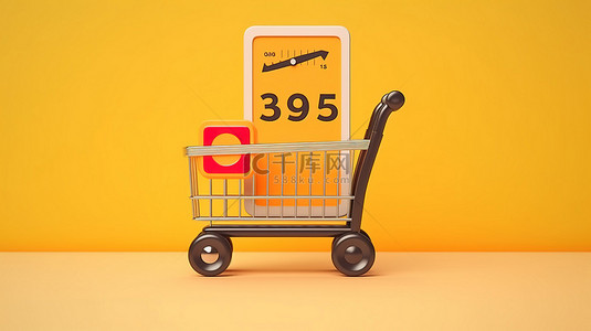1 燃油表仪表板的 3D 渲染，在鲜艳的黄色背景上显示购物车旁边的满油箱