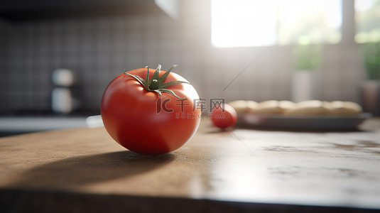 厨房柜背景背景图片_番茄 3d 模型放置在厨房柜台上，背景逼真