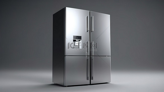 现代不锈钢冰箱冰柜位于时尚的灰色背景 3D 渲染横幅模型上