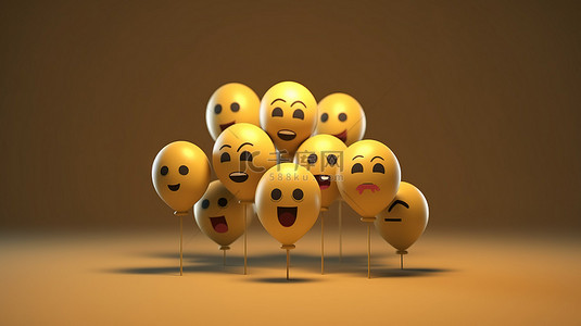 3D 渲染 Facebook 反应表情符号作为社交媒体中棕色背景上的气球符号