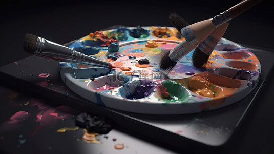 3D 渲染图像中的艺术调色板和画笔