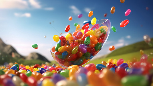 彩色果冻豆在彩虹形成中飞行的 3D 插图