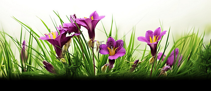 绿的背景背景图片_生长在绿草中有白色背景的紫色花朵