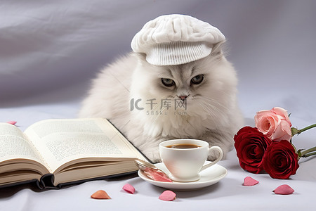 猫和咖啡背景图片_一只戴着帽子咖啡和糕点的白猫坐在一本书旁边
