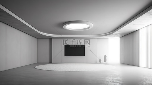 现代简约 3D 渲染一个空房间，配有电视背景和灰色地毯地板
