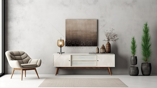 家具设计电视柜背景图片_简约的客厅设计，白色石膏墙电视柜和扶手椅 3D 渲染