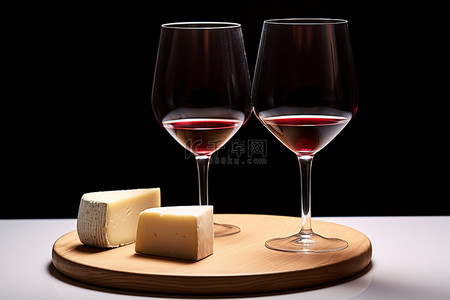 在背景图片_两个红酒杯和马苏里拉奶酪片站在桌子旁边，后面有黑光