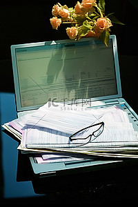 电子产品桌子背景图片_桌子上放着一台笔记本电脑，旁边是花和纸