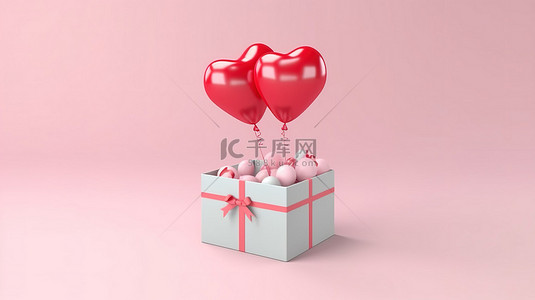玫瑰心形礼盒背景图片_浪漫情人节设计概念爱情气球在 3d 呈现的开放礼盒中