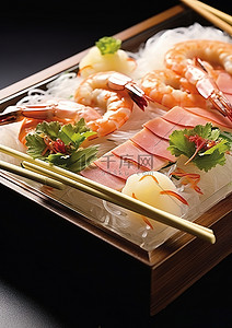 日本食物背景图片_一盘带筷子的亚洲虾