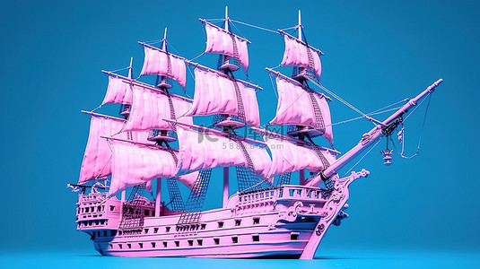 双色调风格 3D 渲染老式高帆船卡拉维尔海盗船或粉红木军舰在蓝色背景下的设置